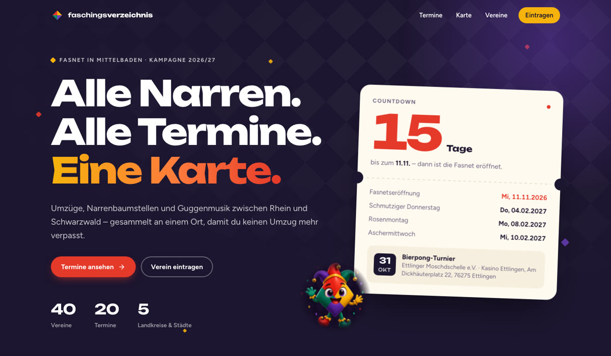 Startseite des Faschingsverzeichnis: Alle Narren. Alle Termine. Eine Karte.