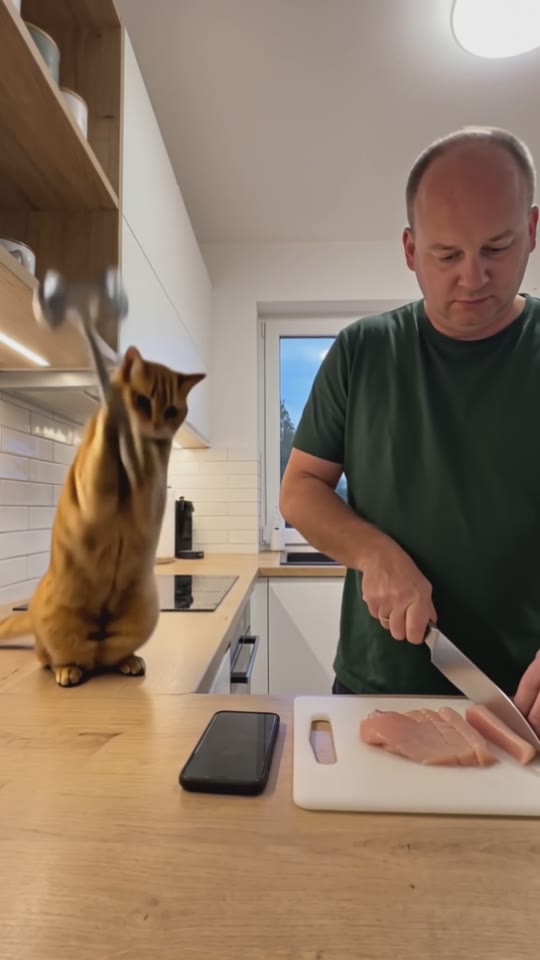 Szene aus einem KI-Video mit Katze in der Küche